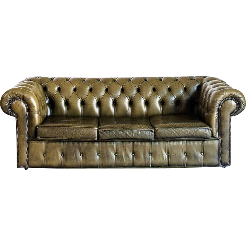 Vintage Chesterfield 3 seater leather sofa that converts into a bed, France 1980s