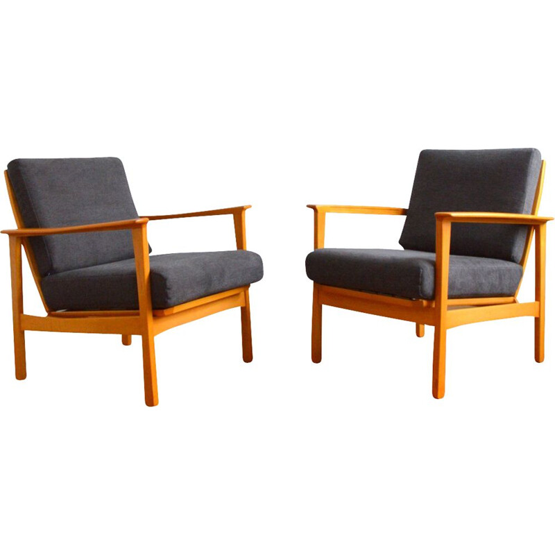 Pair of vintage beechwood armchairs with removable cushions, Scandinavian 1960