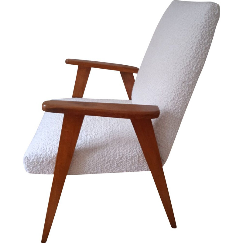 Fauteuil vintage à pietement compas et tissu bouclette