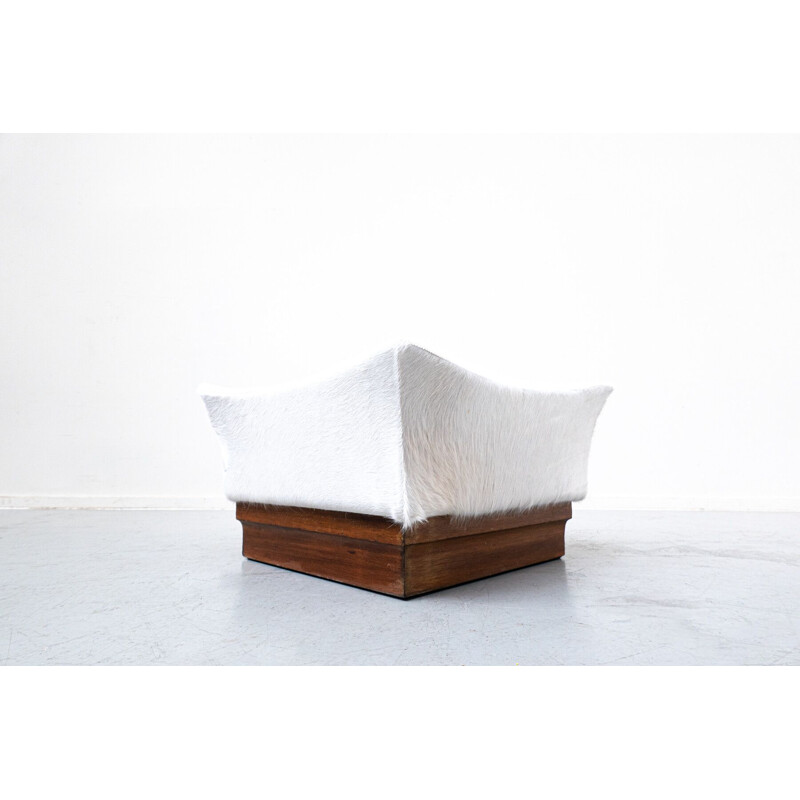 Pair of vintage white poufs in foal skin and wood
