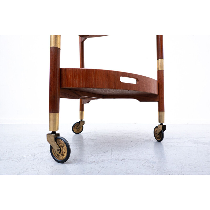 Mid-century modular Italian trolley in teak and rattan, 1960s