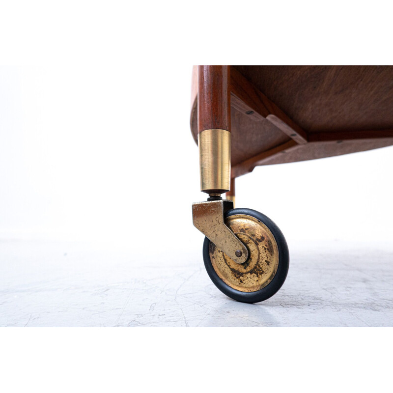 Mid-century modular Italian trolley in teak and rattan, 1960s