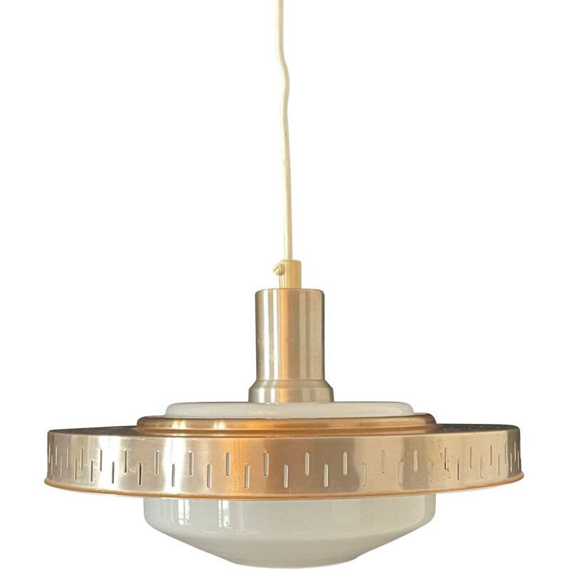 Scandinavian copper and opaline vintage suspension lamp, Denmark 1960s