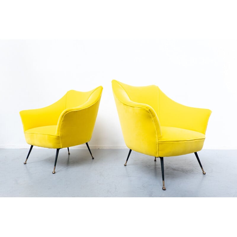 Pair of mid-century yellow fabric armchairs, Italy 1960s