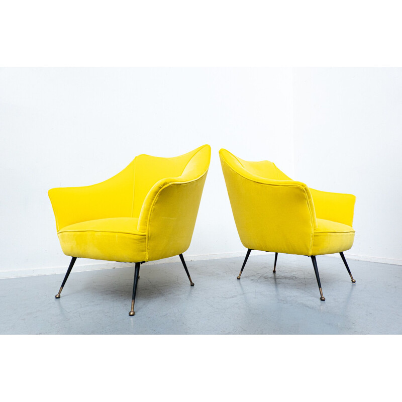 Pair of mid-century yellow fabric armchairs, Italy 1960s