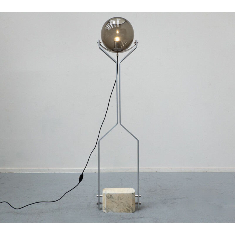 Italian vintage floor lamp in travertine, steel and glass, 1970s