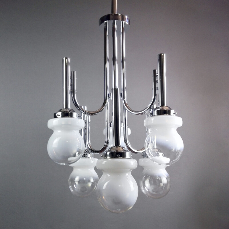 Space Age chrome and Murano glass chandelier six-light, Italy 1960s