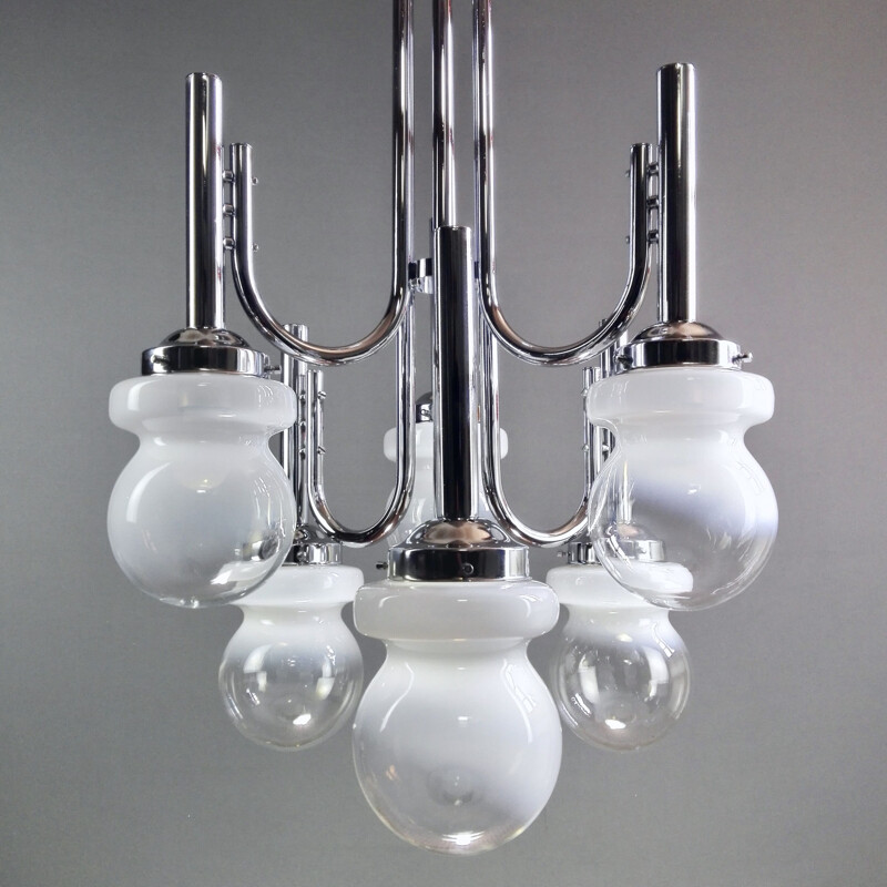 Space Age chrome and Murano glass chandelier six-light, Italy 1960s