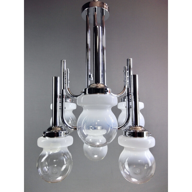 Space Age chrome and Murano glass chandelier six-light, Italy 1960s