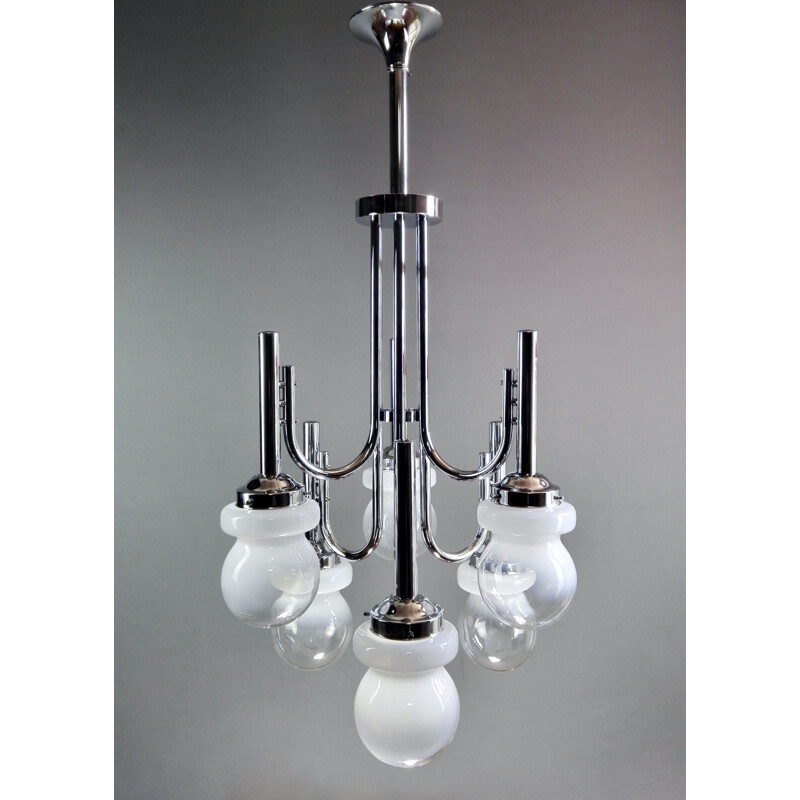 Space Age chrome and Murano glass chandelier six-light, Italy 1960s