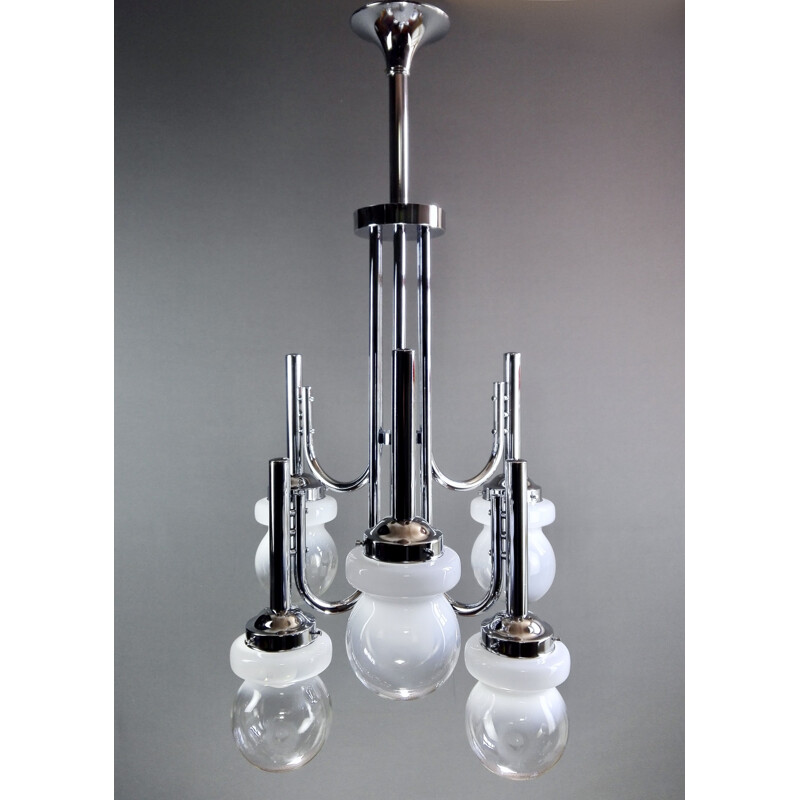 Space Age chrome and Murano glass chandelier six-light, Italy 1960s