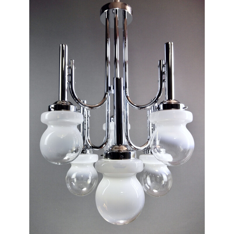 Space Age chrome and Murano glass chandelier six-light, Italy 1960s