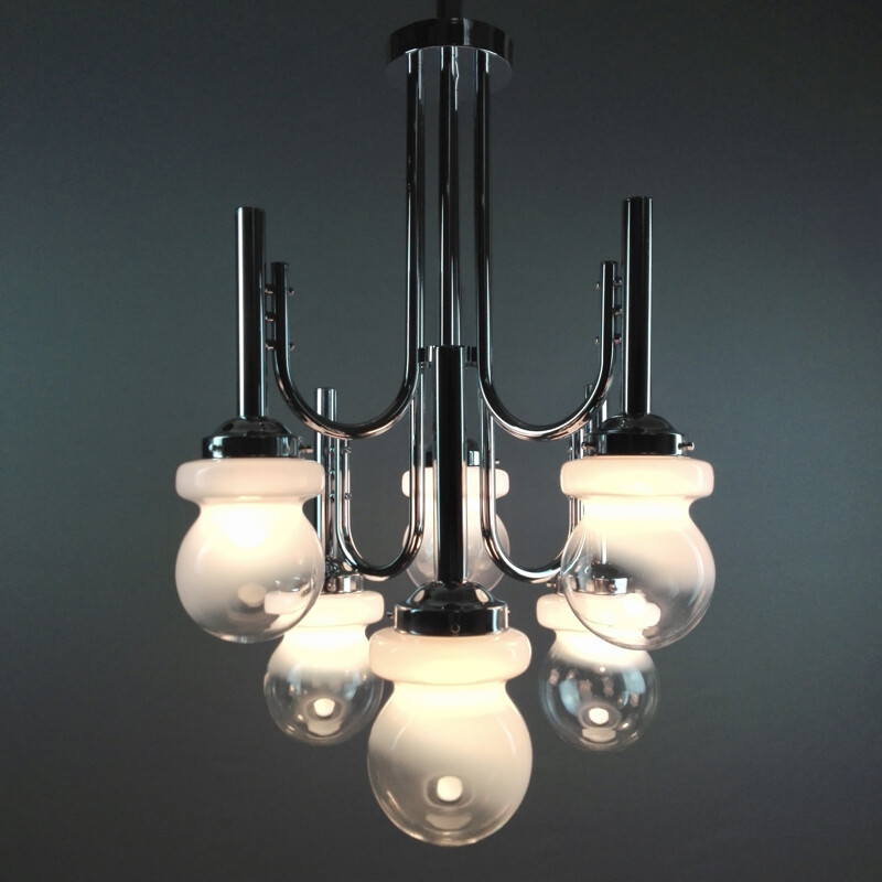 Space Age chrome and Murano glass chandelier six-light, Italy 1960s