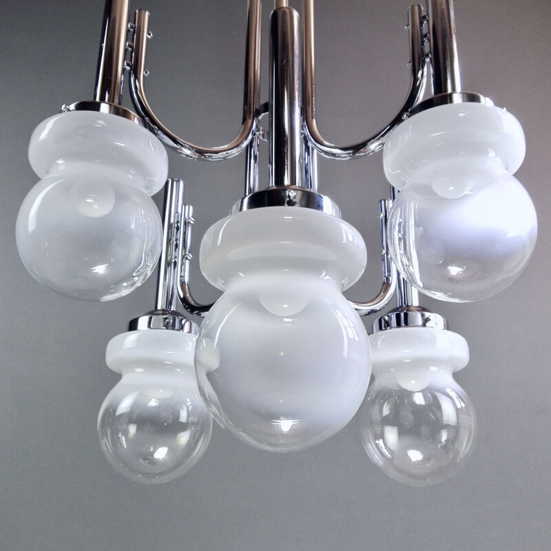 Space Age chrome and Murano glass chandelier six-light, Italy 1960s