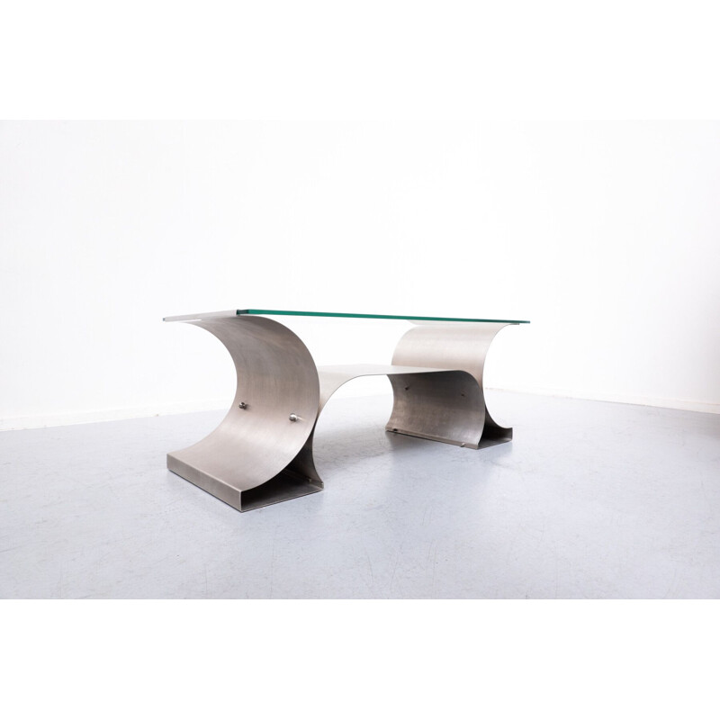 Mid-century Italian table in brushed steel and glass, 1970s