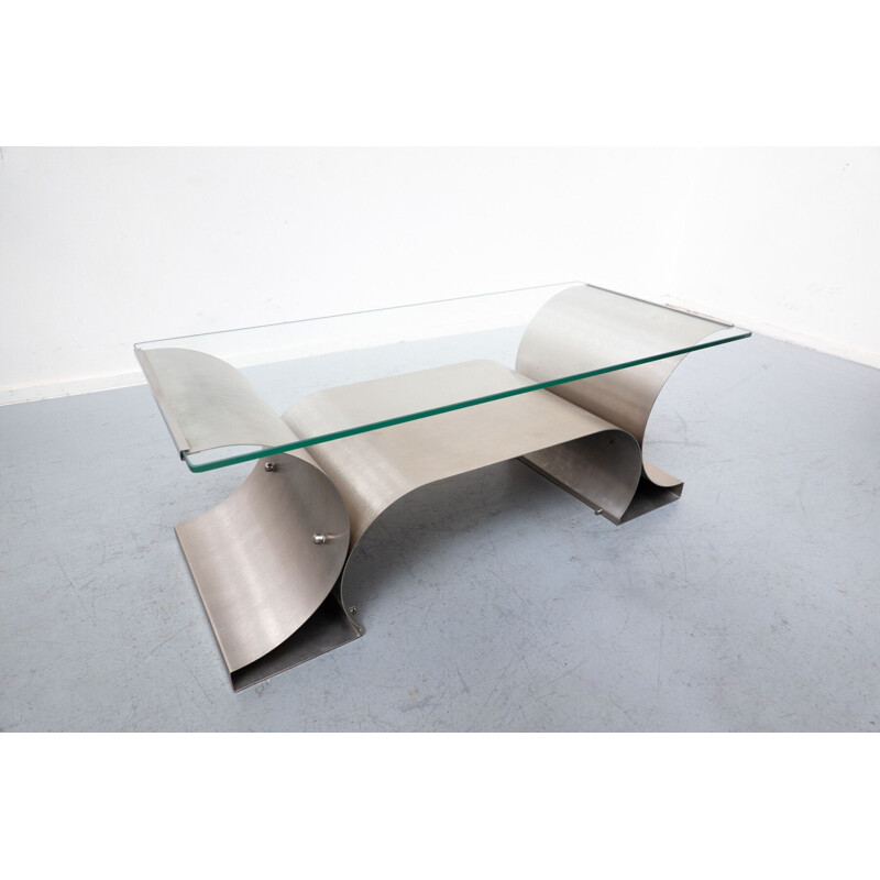 Mid-century Italian table in brushed steel and glass, 1970s