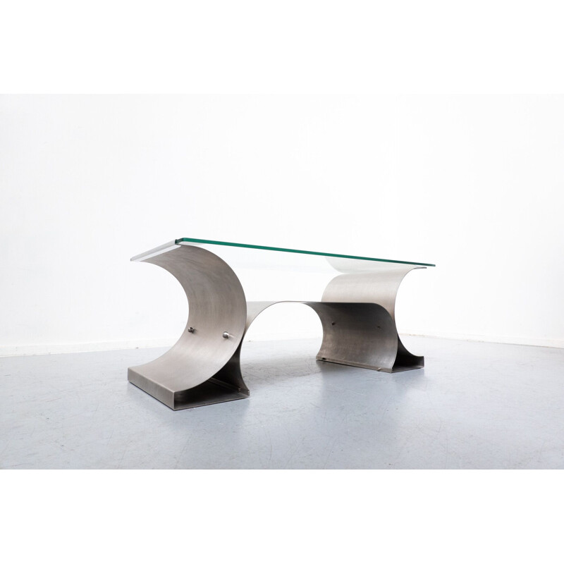 Mid-century Italian table in brushed steel and glass, 1970s