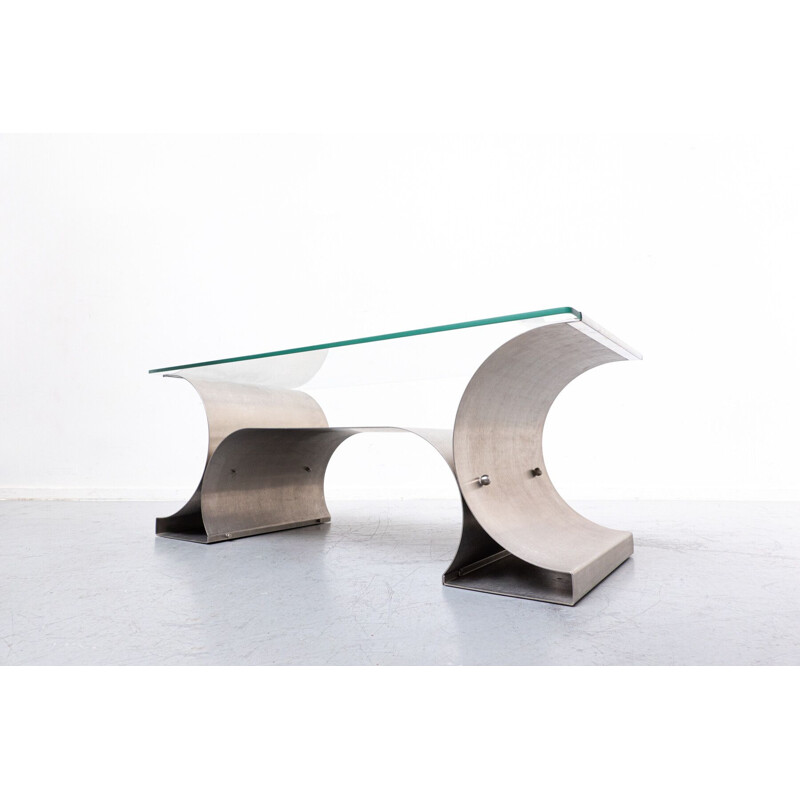 Mid-century Italian table in brushed steel and glass, 1970s