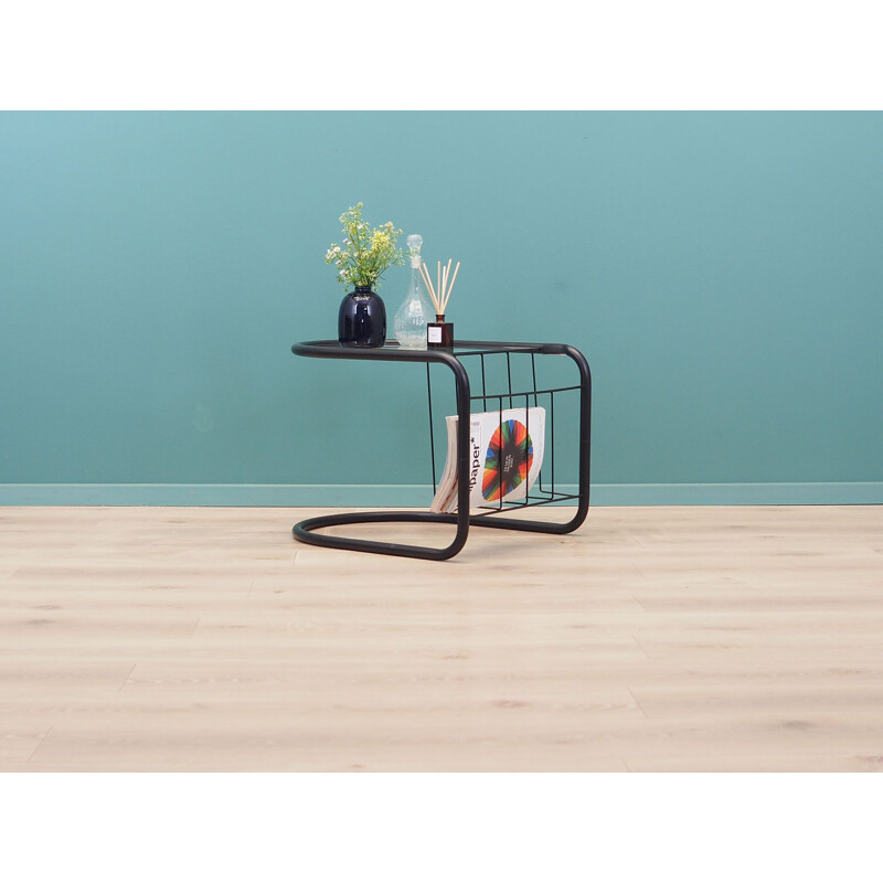 Vintage glass and metal side table with magazine rack, Denmark 1970