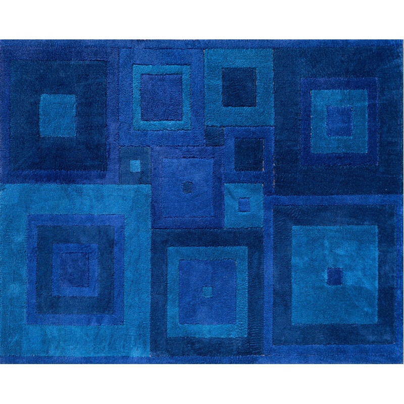Mid-century blue "Square Dance" rug by Ross Littell, 1960s