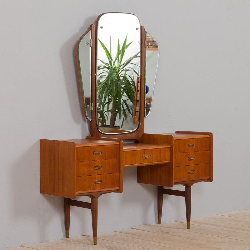 Scandinavian vintage teak dressing table with adjustable mirrors and 7 drawers, 1950