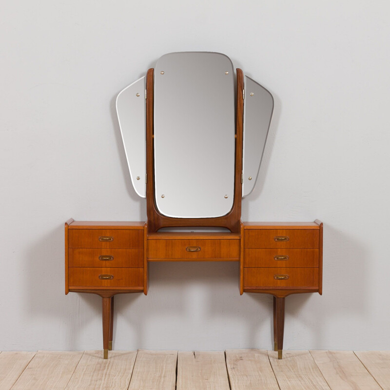 Scandinavian vintage teak dressing table with adjustable mirrors and 7 drawers, 1950