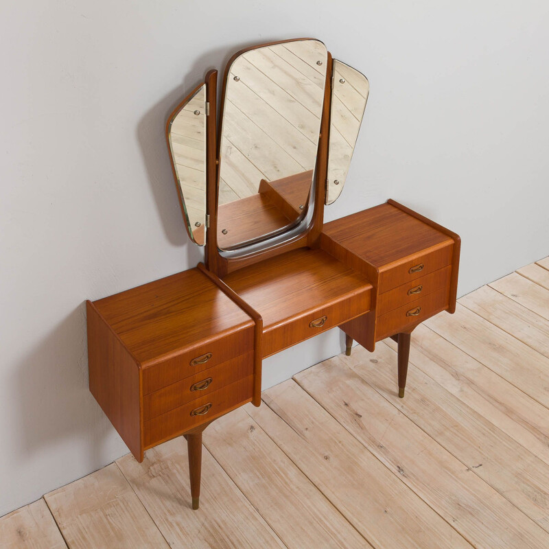 Scandinavian vintage teak dressing table with adjustable mirrors and 7 drawers, 1950