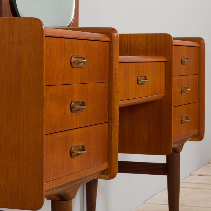 Scandinavian vintage teak dressing table with adjustable mirrors and 7 drawers, 1950