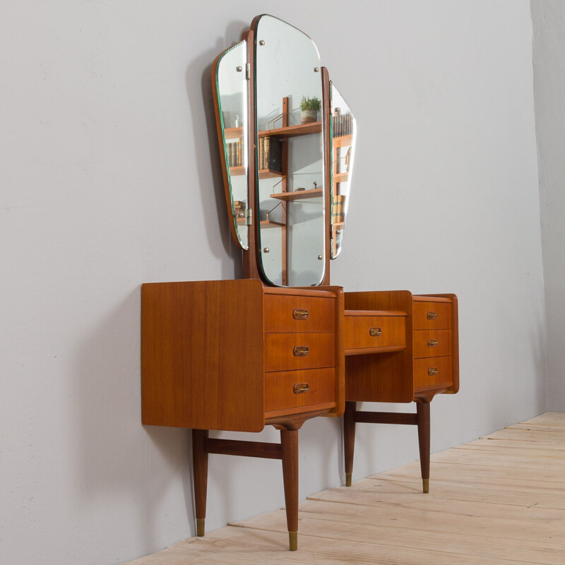 Scandinavian vintage teak dressing table with adjustable mirrors and 7 drawers, 1950