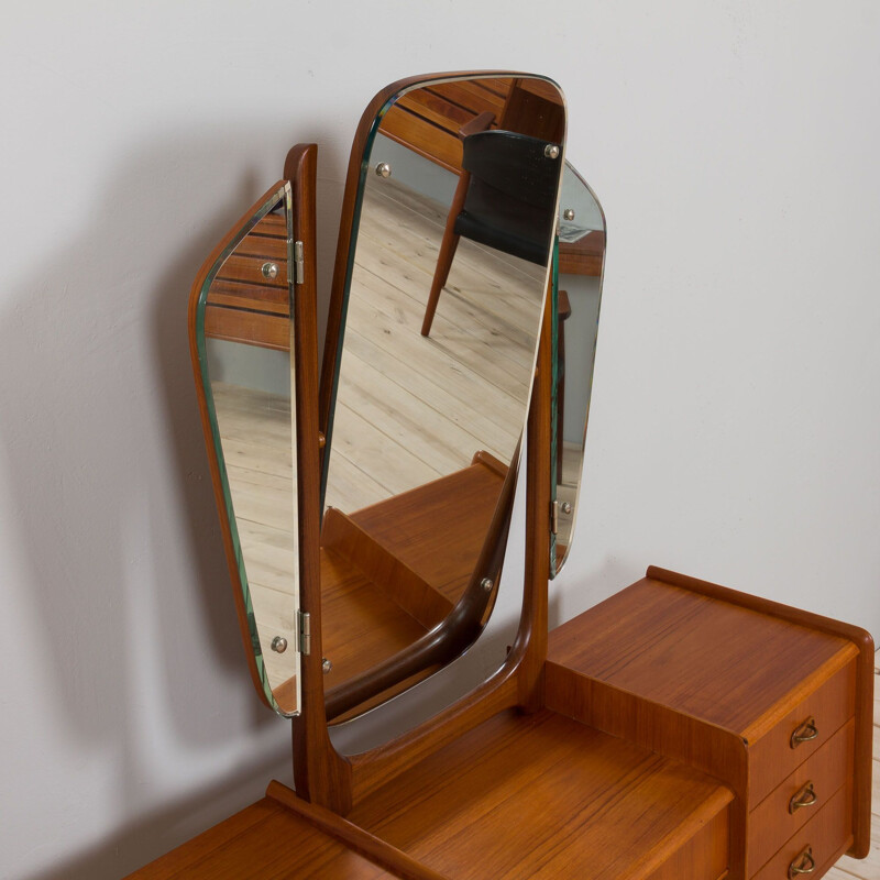 Scandinavian vintage teak dressing table with adjustable mirrors and 7 drawers, 1950