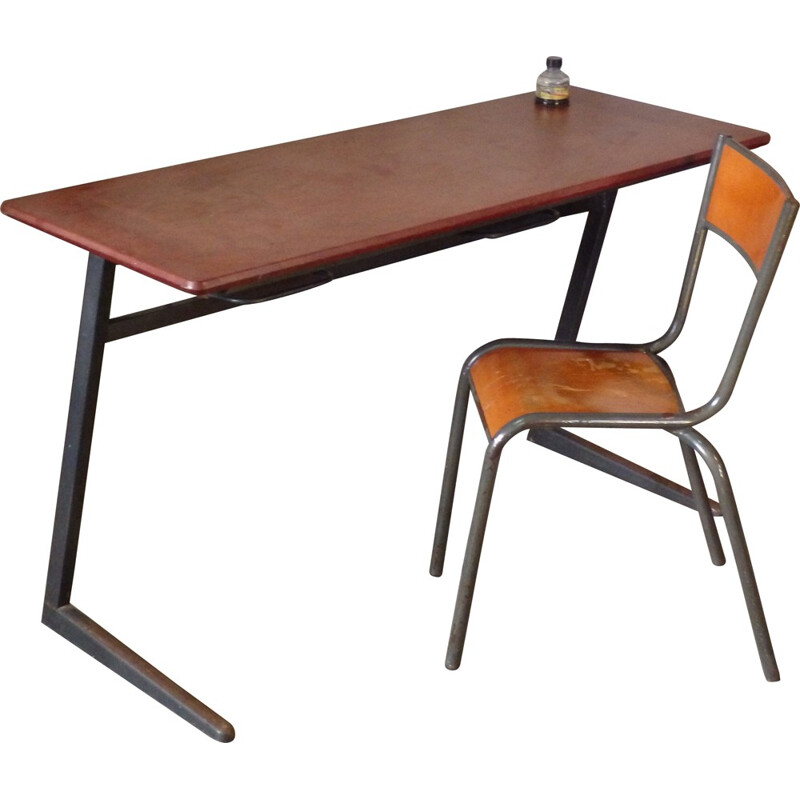 Mid-century school desk and chair in metal and wood - 1960s