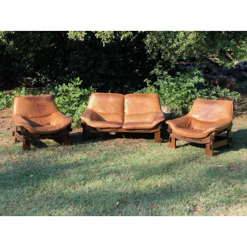 Vintage Cognac leather lounge set, 1970