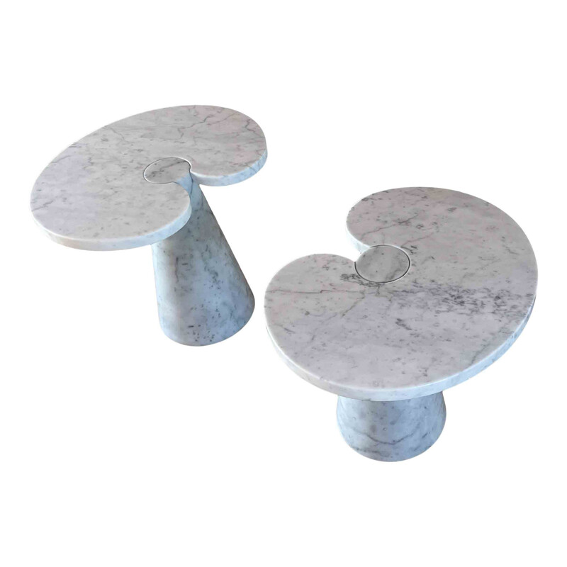 Pair of vintage white Carrara marble Eros side tables by Angelo Mangiarotti for Skipper, 1971