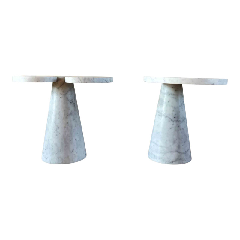 Pareja de mesas auxiliares vintage Eros en mármol blanco de Carrara de Angelo Mangiarotti para Skipper, 1971