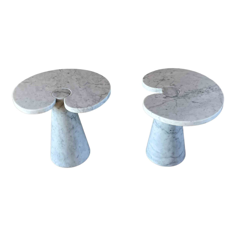 Pair of vintage white Carrara marble Eros side tables by Angelo Mangiarotti for Skipper, 1971