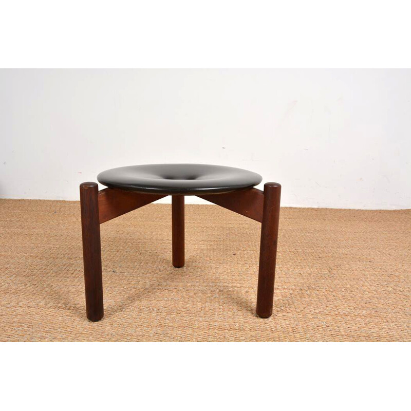 Vintage leather and rosewood stool by Uno & Östen Kristiansson for Luxus, 1960