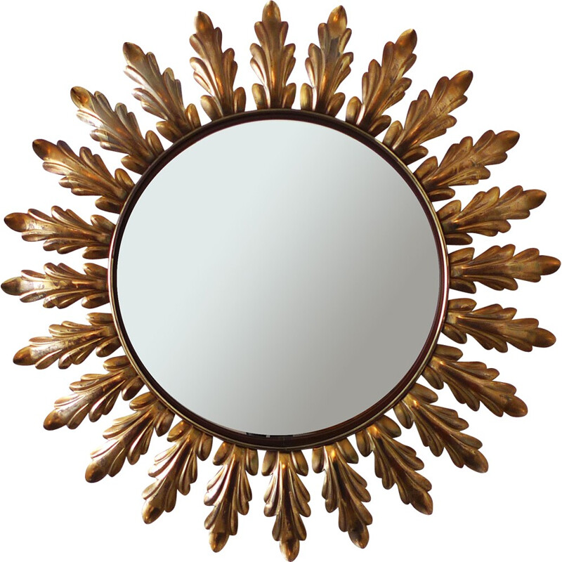 French sunburst mirror with curved leaves - 1950s