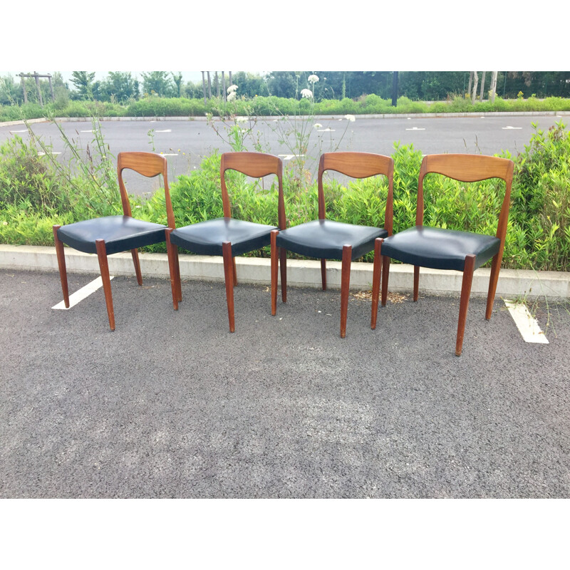 Set of 4 vintage teak and black skai chairs 1950