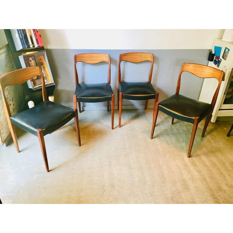 Set of 4 vintage teak and black skai chairs 1950