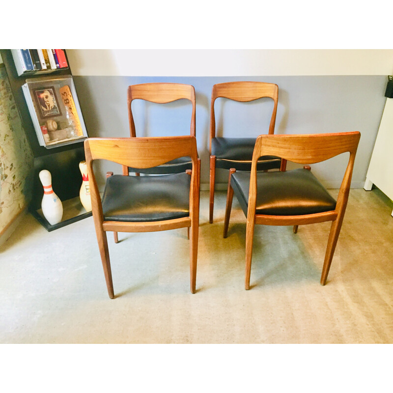 Set of 4 vintage teak and black skai chairs 1950