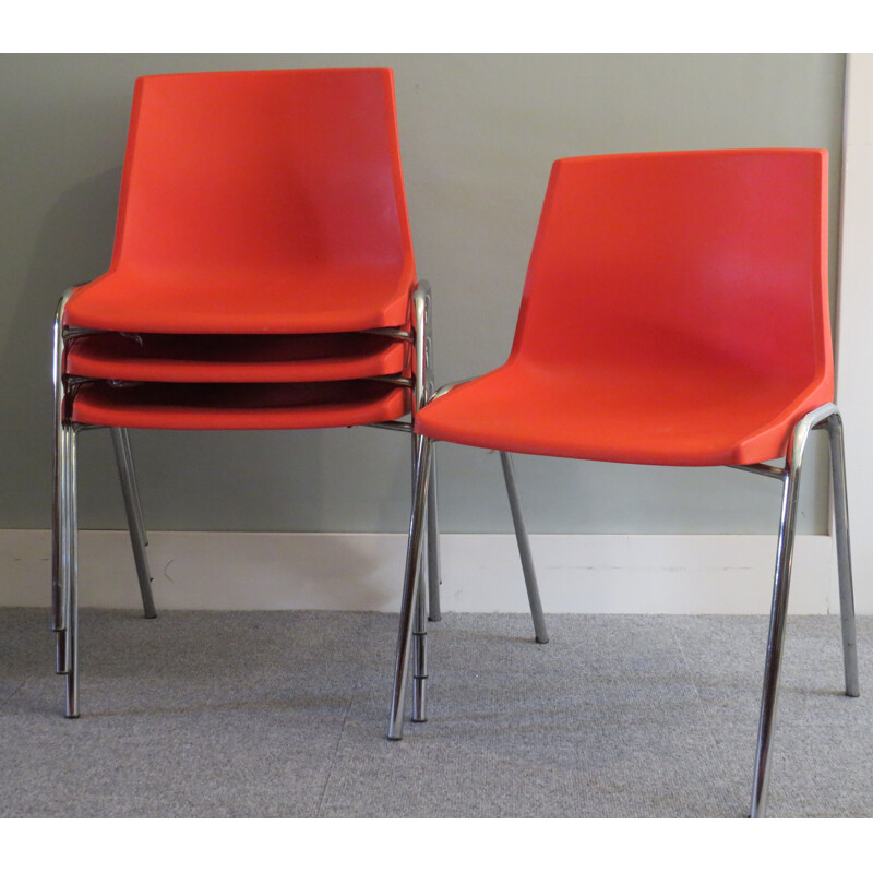 Ensemble de 4 chaises vintage en plastique orange par OVP Belgium pour JP Emonds, 1970