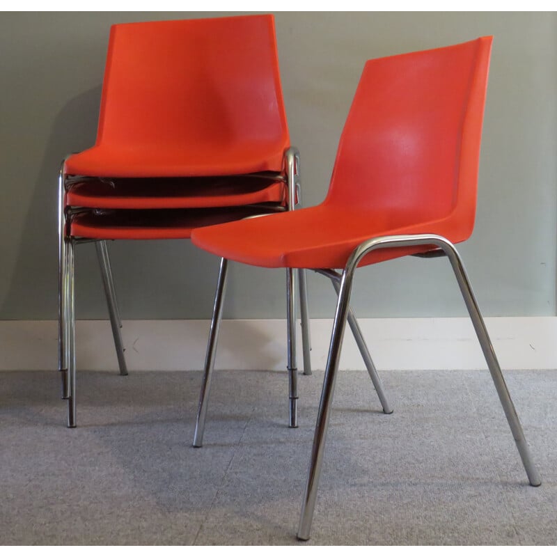 Ensemble de 4 chaises vintage en plastique orange par OVP Belgium pour JP Emonds, 1970