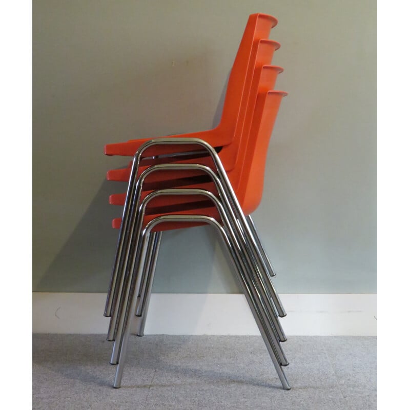 Set of 4 vintage orange plastic chairs by OVP Belgium for JP Emonds, 1970