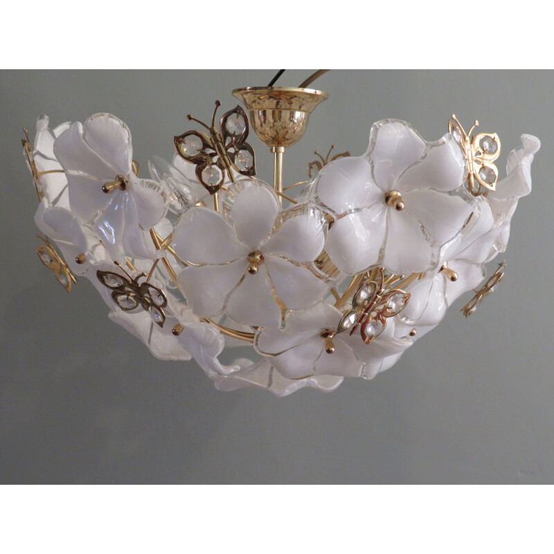 Vintage ceiling lamp transparent and white Murano glass, 1970s