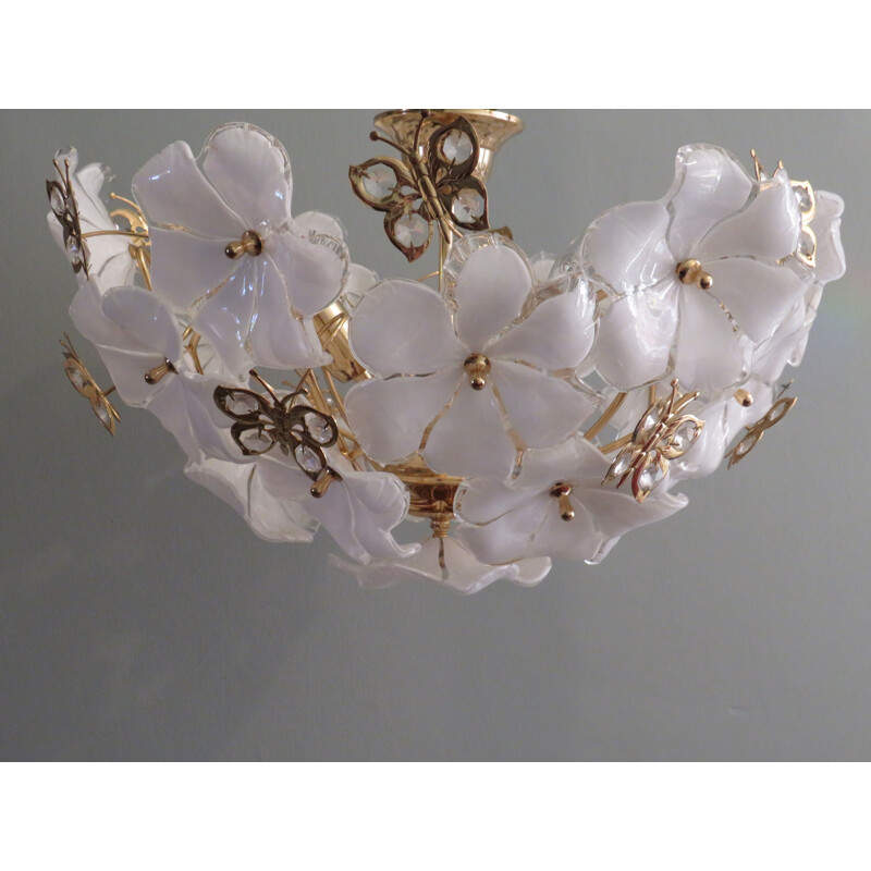 Vintage ceiling lamp transparent and white Murano glass, 1970s