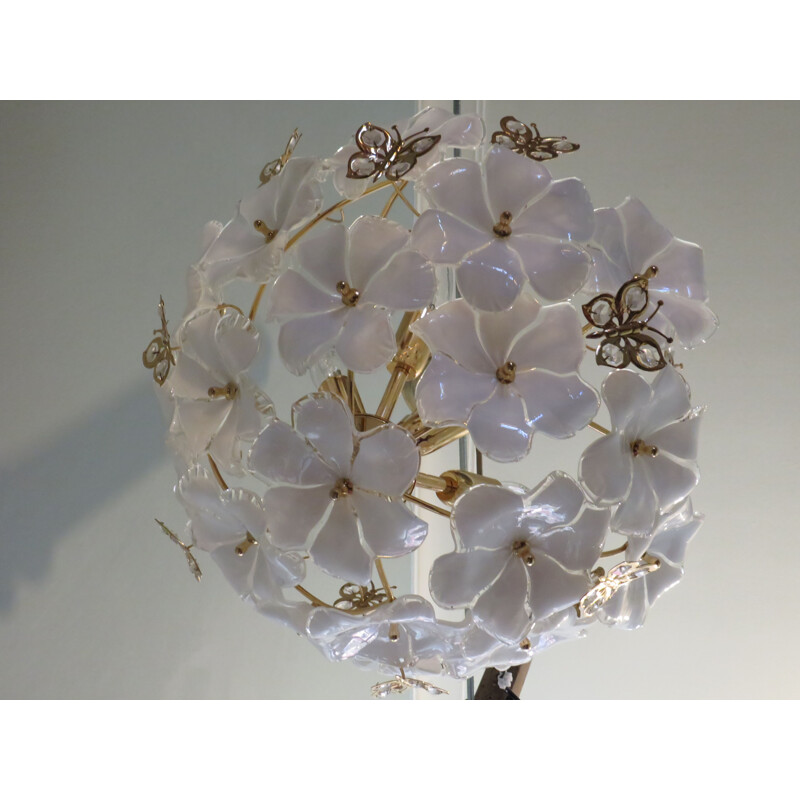 Vintage ceiling lamp transparent and white Murano glass, 1970s