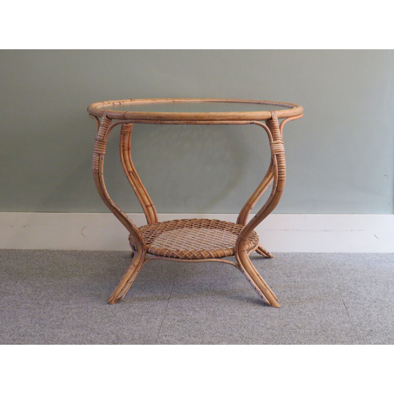 Round vintage bamboo and glass coffee table with bubbles, 1960