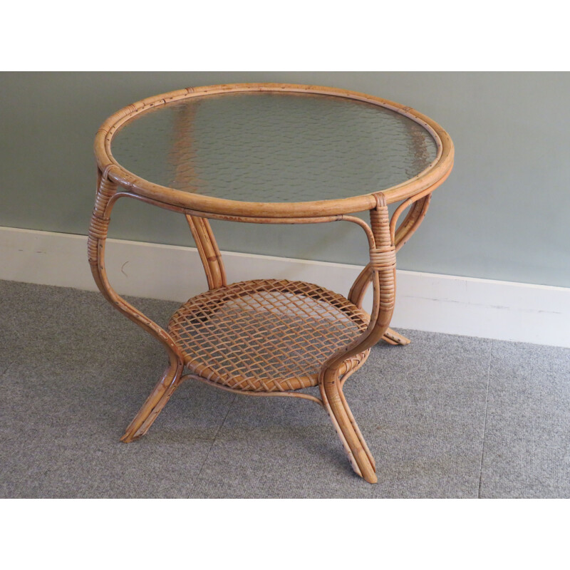 Round vintage bamboo and glass coffee table with bubbles, 1960