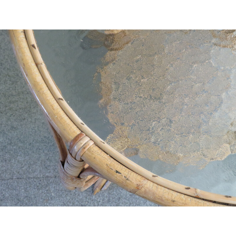 Round vintage bamboo and glass coffee table with bubbles, 1960