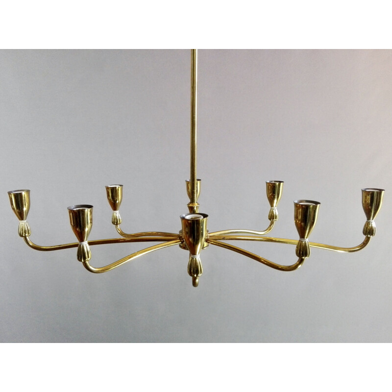 Italian vintage eight-light gilded solid brass chandelier, 1950s